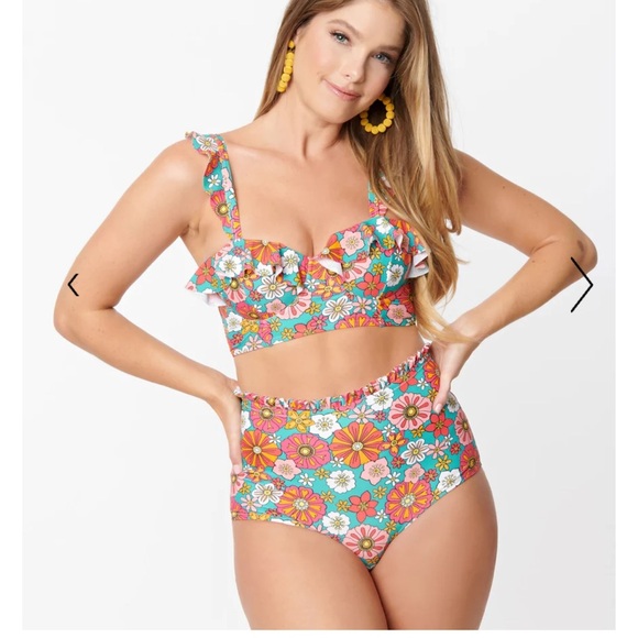 Unique Vintage Turquoise & Pink Floral Print Cape May Swim Bottom - Picture 3 of 10